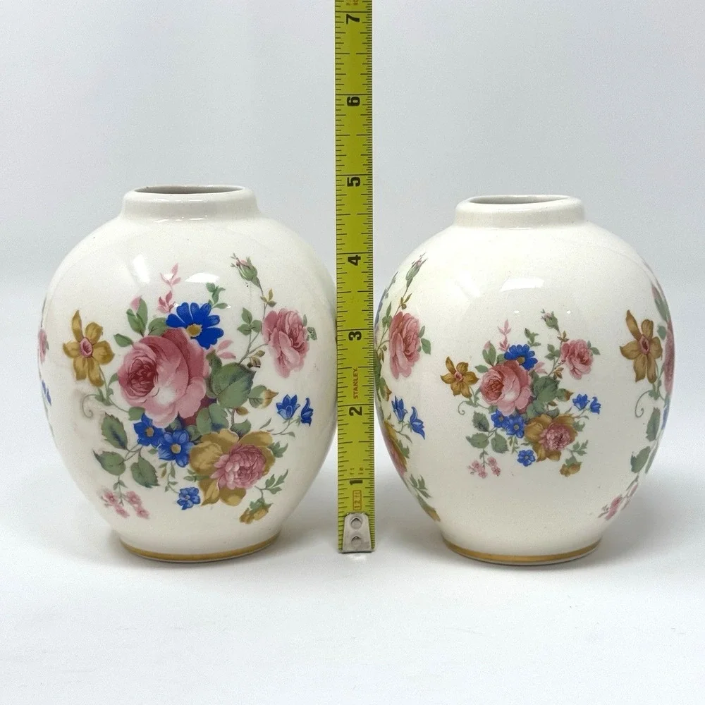 Old South Floral Bud Vase Pair White Ceramic Pink Blue Flowers Gold Trim